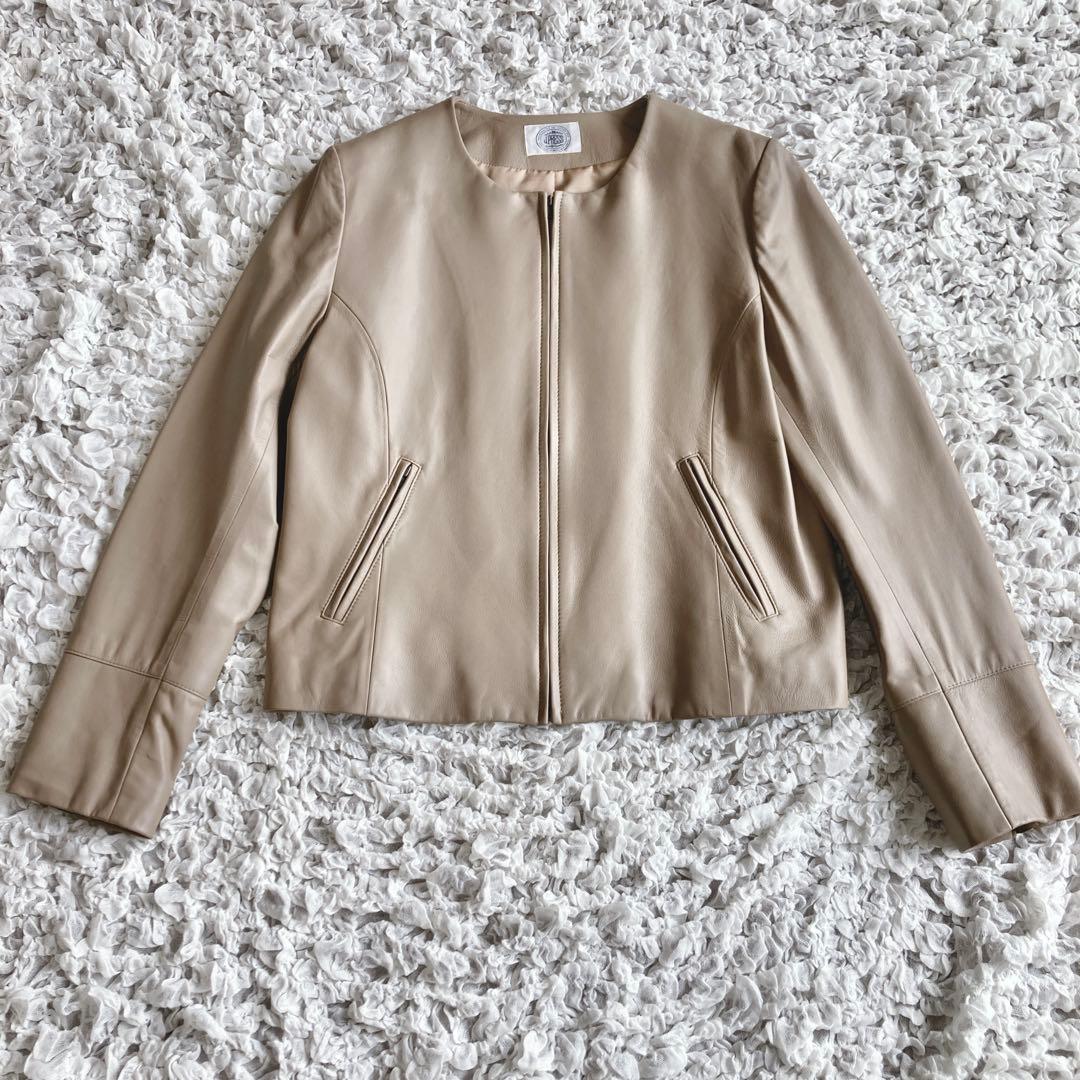 【美品】J.PRESS ラムレザー　羊革　L 大きいサイズ　ベージュ ノーカラー