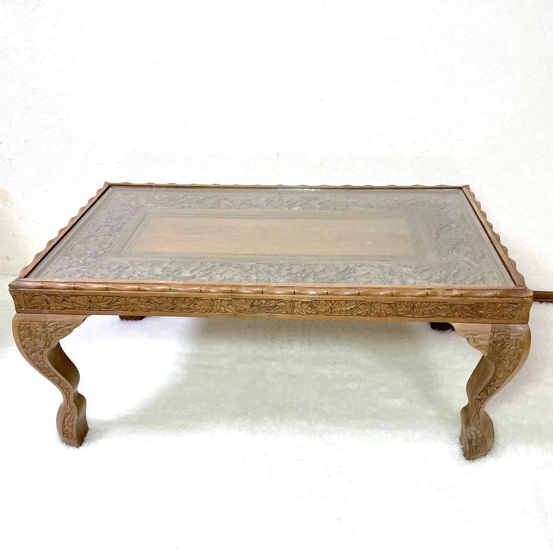 アンティーク 猫脚 猫足 家具 アジアン ローテーブル ガラス板83×45×37