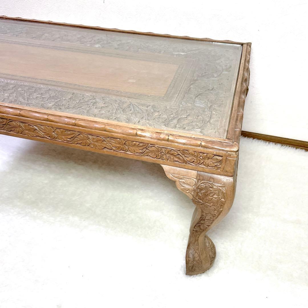 アンティーク 猫脚 猫足 家具 アジアン ローテーブル ガラス板83×45×37
