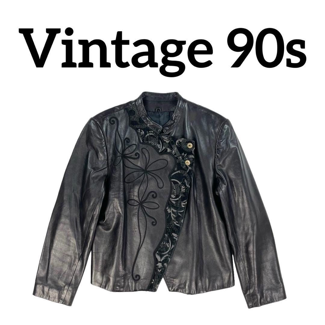 【最高級】 90s 本革 ヴィンテージ 刺繍 金ボタン レザージャケット 極美品