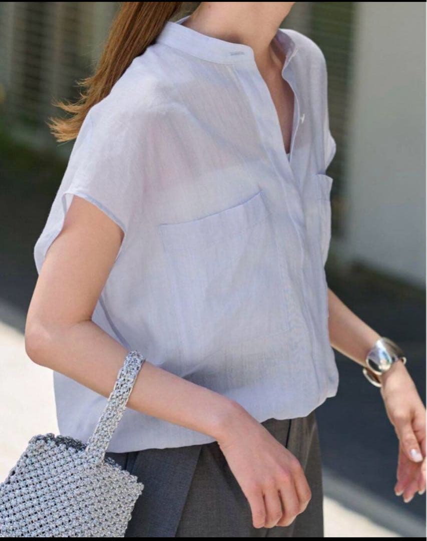 FRAMeWORK キャップスリーブドロストシャツ　ブラウス　ブルー