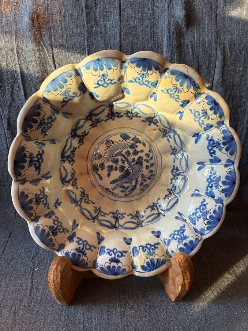 染付け花鳥文輪花大鉢　デルフト陶器　17世紀　オランダ　江戸時代初期