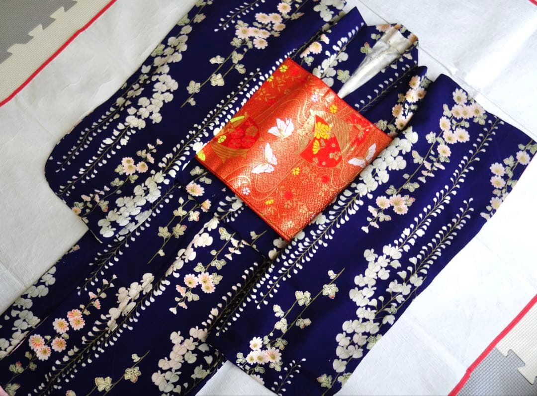 アンティーク　子供着物　藤　菊　鬼しぼ縮緬