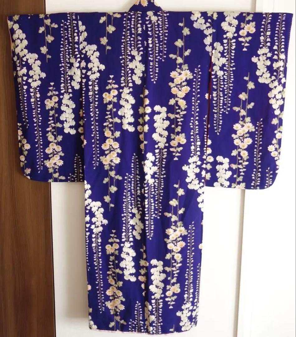 アンティーク　子供着物　藤　菊　鬼しぼ縮緬