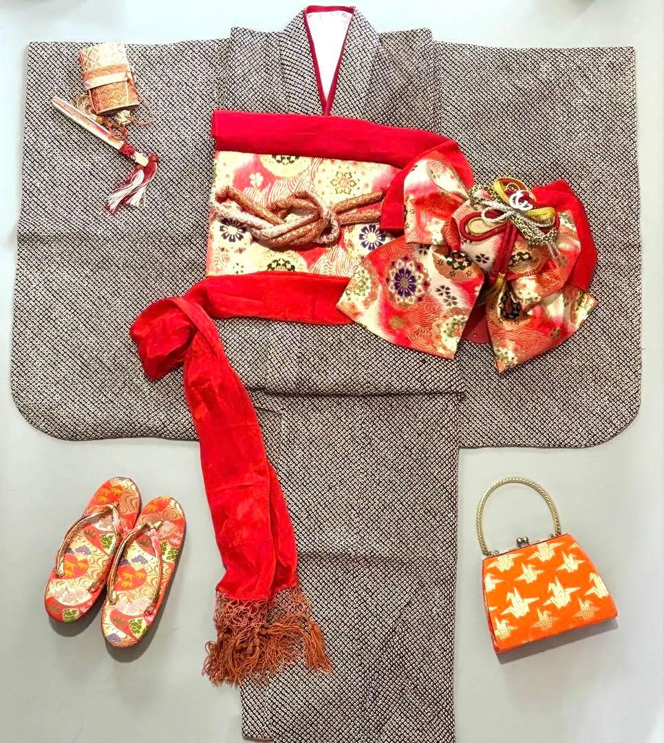 七五三　正絹　総絞り　黒　グレー　7歳　フルセット　作り帯