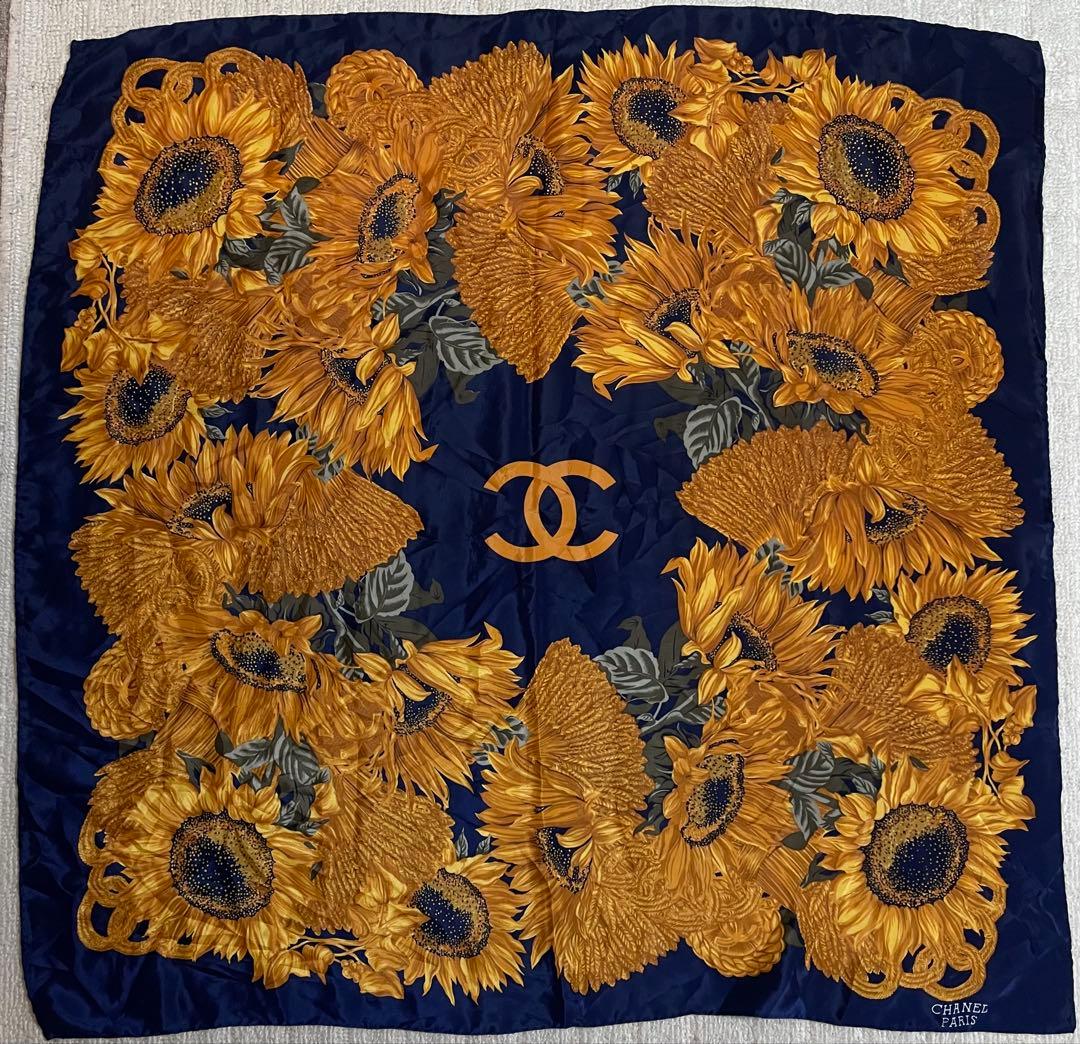 CHANEL 向日葵柄 スカーフ ネイビー ひまわり