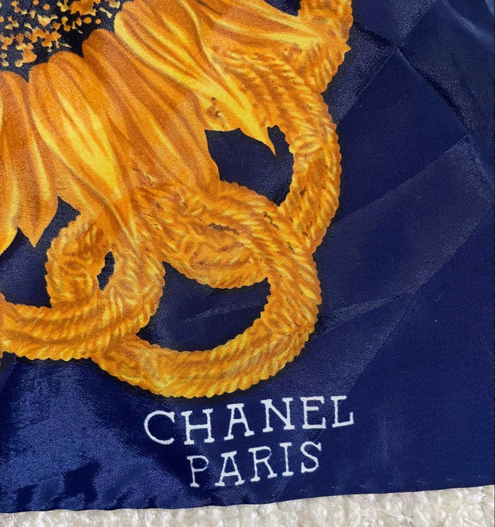 CHANEL 向日葵柄 スカーフ ネイビー ひまわり