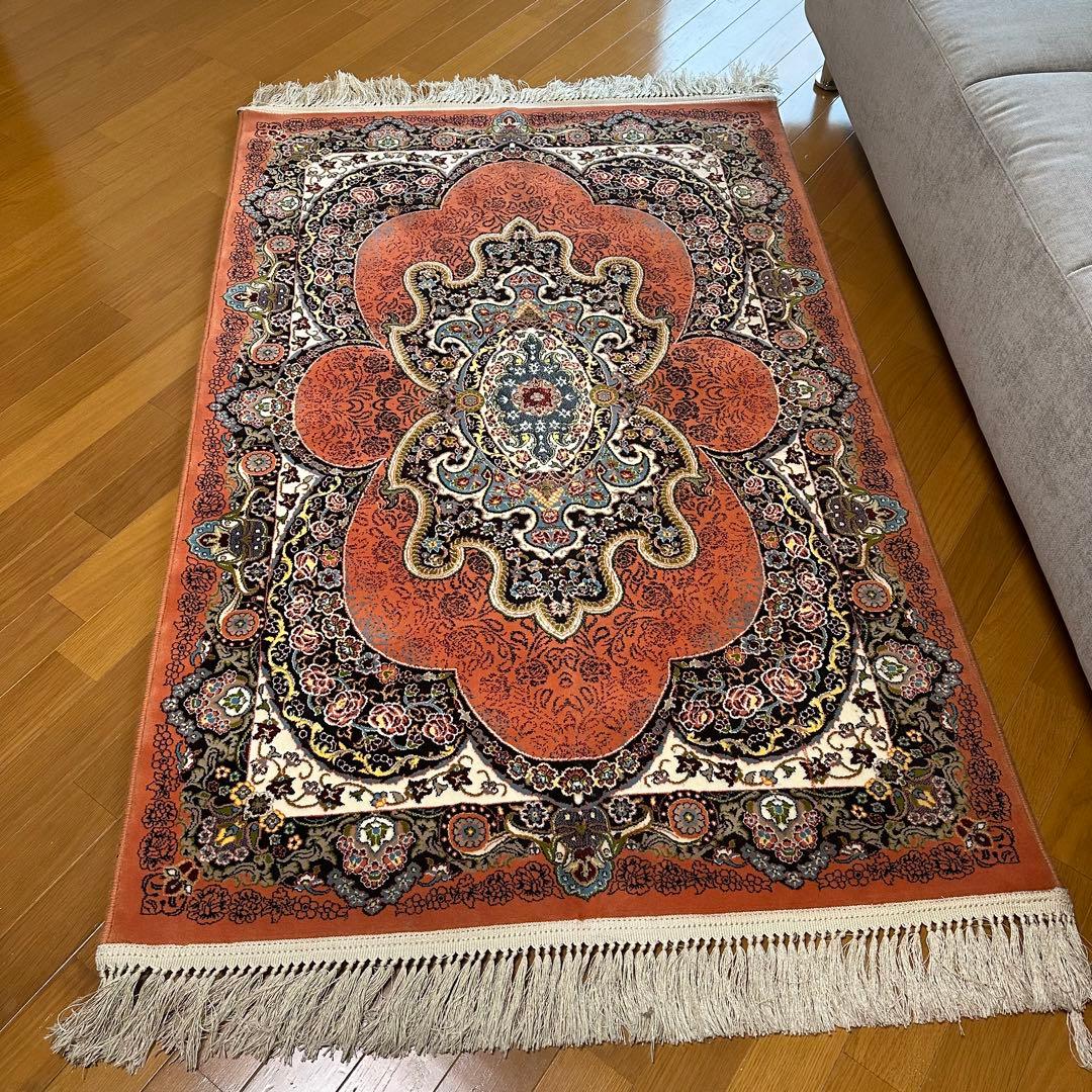 【新品未使用】ペルシャ産　絨毯　機械織　朱色　ボタニカル　幾何学模様　オリエント
