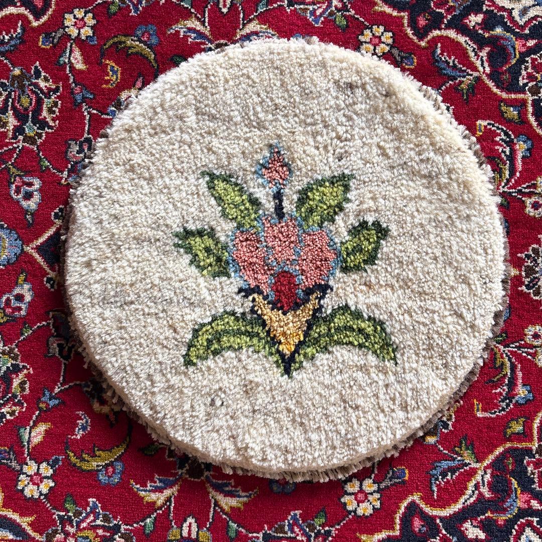 円形花柄 ペルシャ ギャッペ マット ウール素材 フリンジ付き 40×40