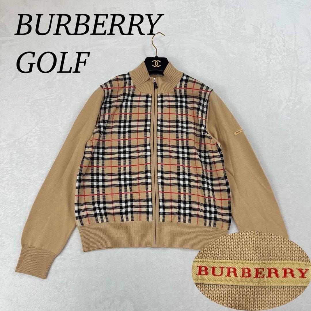 J489 美品 L バーバリーゴルフ ノバチェック ニット カーディガン メンズ