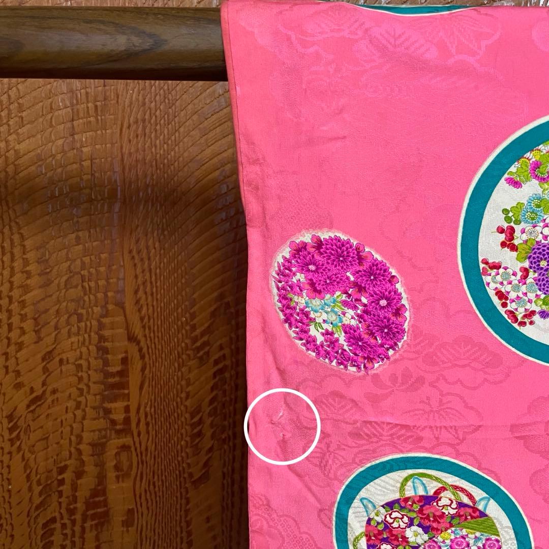 よ*だ様 アンティーク 子供着物 丸に 糸巻 扇 鼓 花文様 正絹 七五三 v3