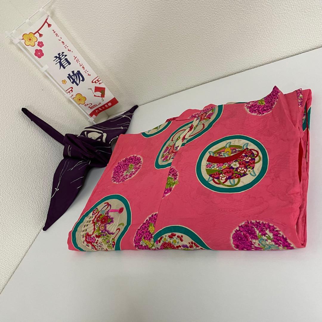 よ*だ様 アンティーク 子供着物 丸に 糸巻 扇 鼓 花文様 正絹 七五三 v3