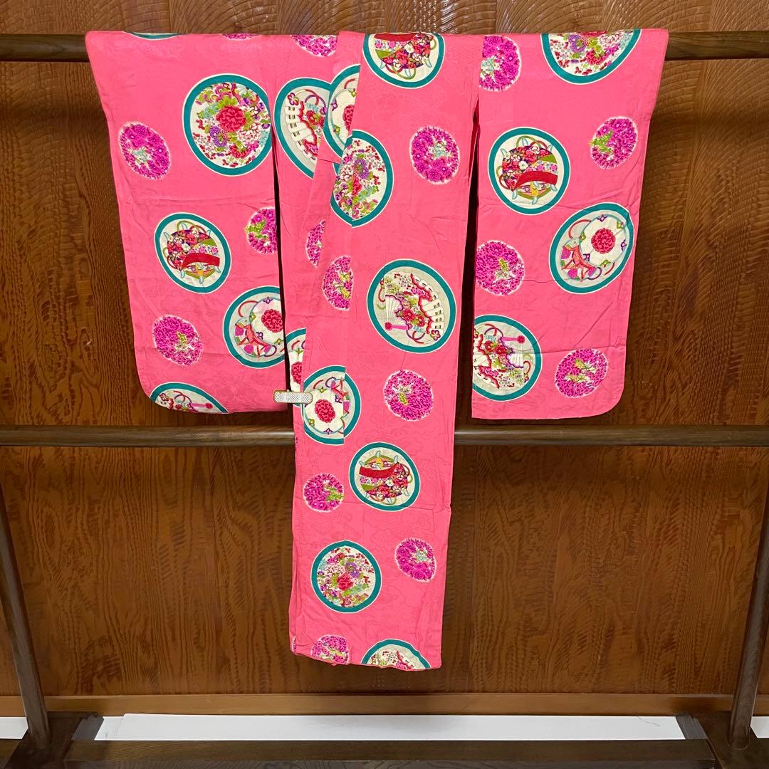 よ*だ様 アンティーク 子供着物 丸に 糸巻 扇 鼓 花文様 正絹 七五三 v3