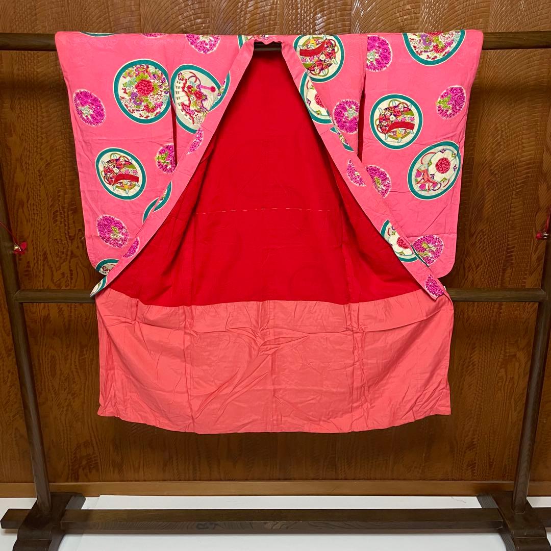 よ*だ様 アンティーク 子供着物 丸に 糸巻 扇 鼓 花文様 正絹 七五三 v3