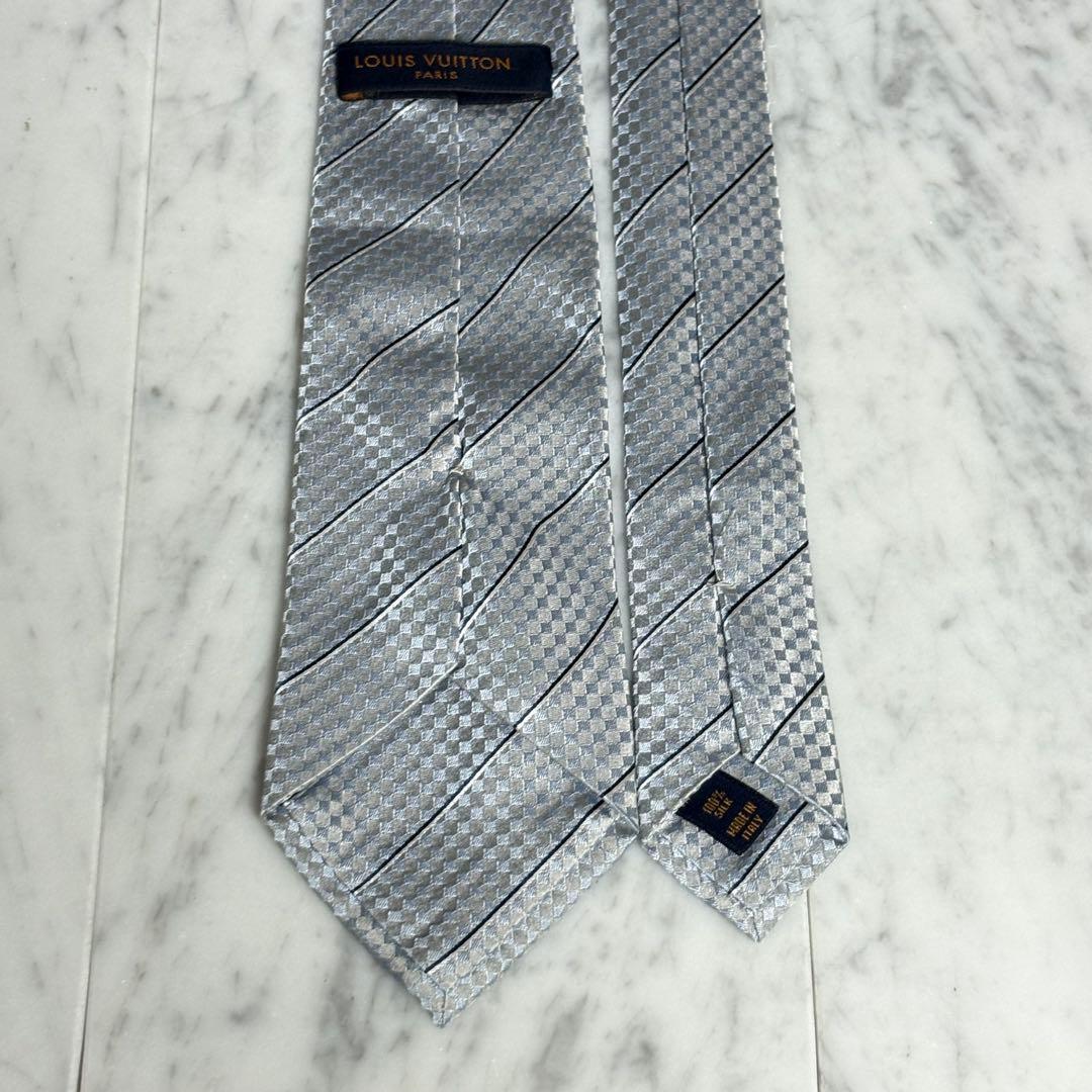 LOUIS VUITTON ネクタイ ブルー系 グレー ダミエ ストライプ