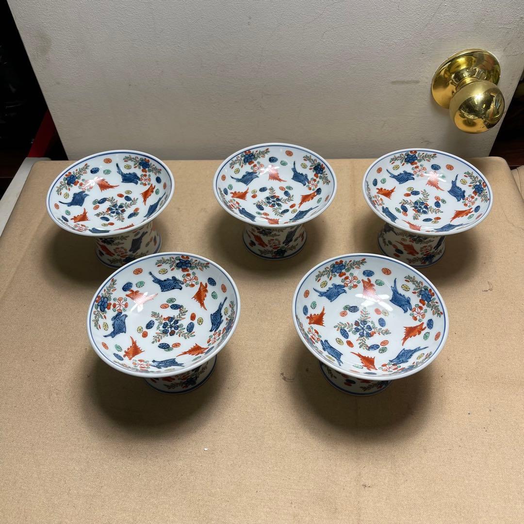 MR-172A 有田焼　高台皿 5ケセット 花と動物模様