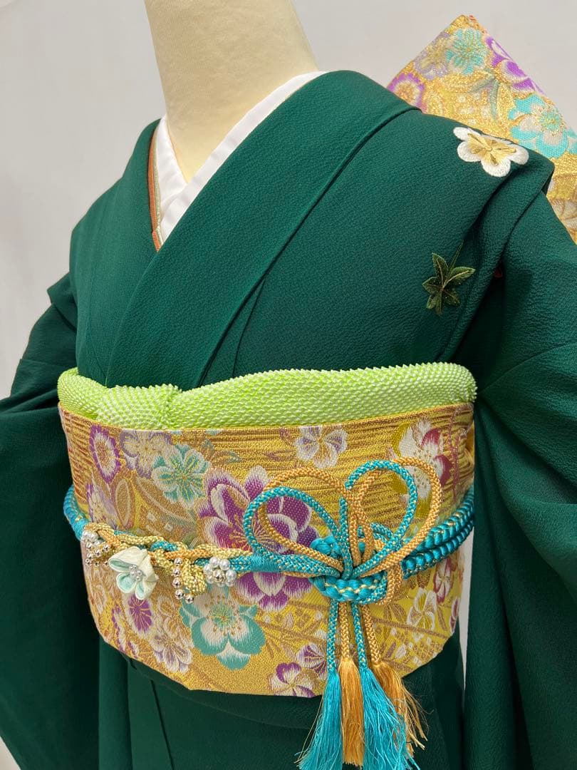 振り袖　フルセット　長襦袢付　緑　成人式　パーティー　刺繍入り　長尺袋帯　730