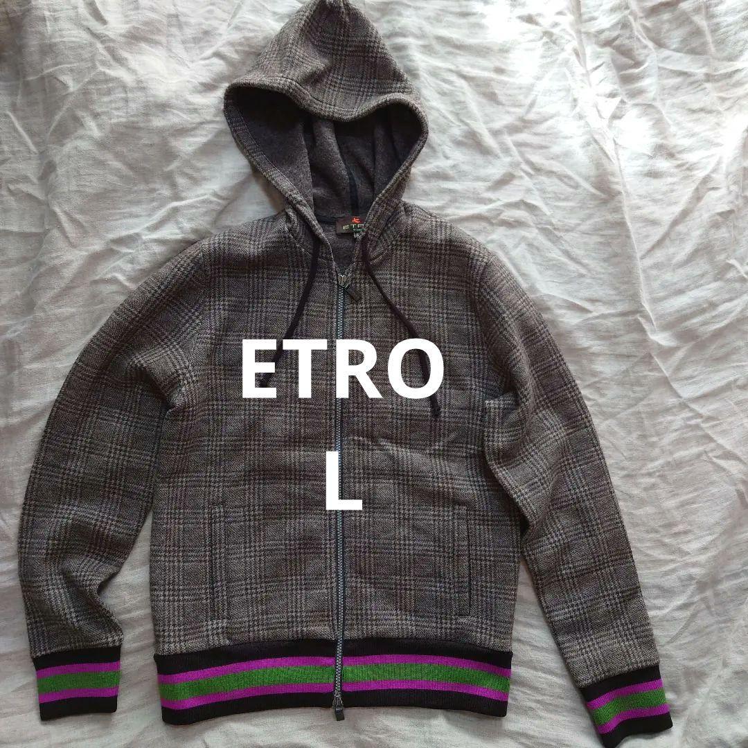 ETRO グレー チェック柄 フード付き ダブルジップ　ウールジャンパー