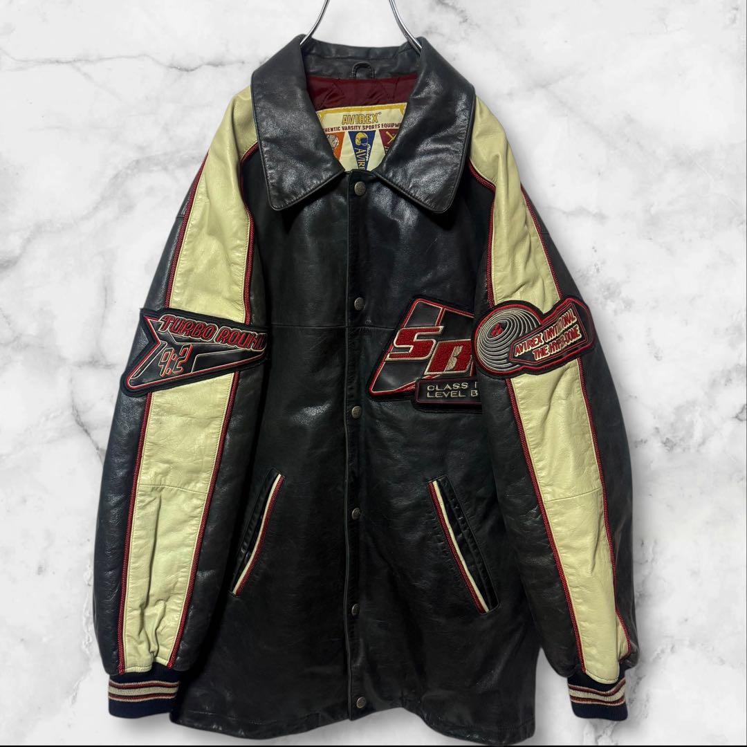 80s-90s AVIREX オールレザー バーシティジャケット フルデコ 黒