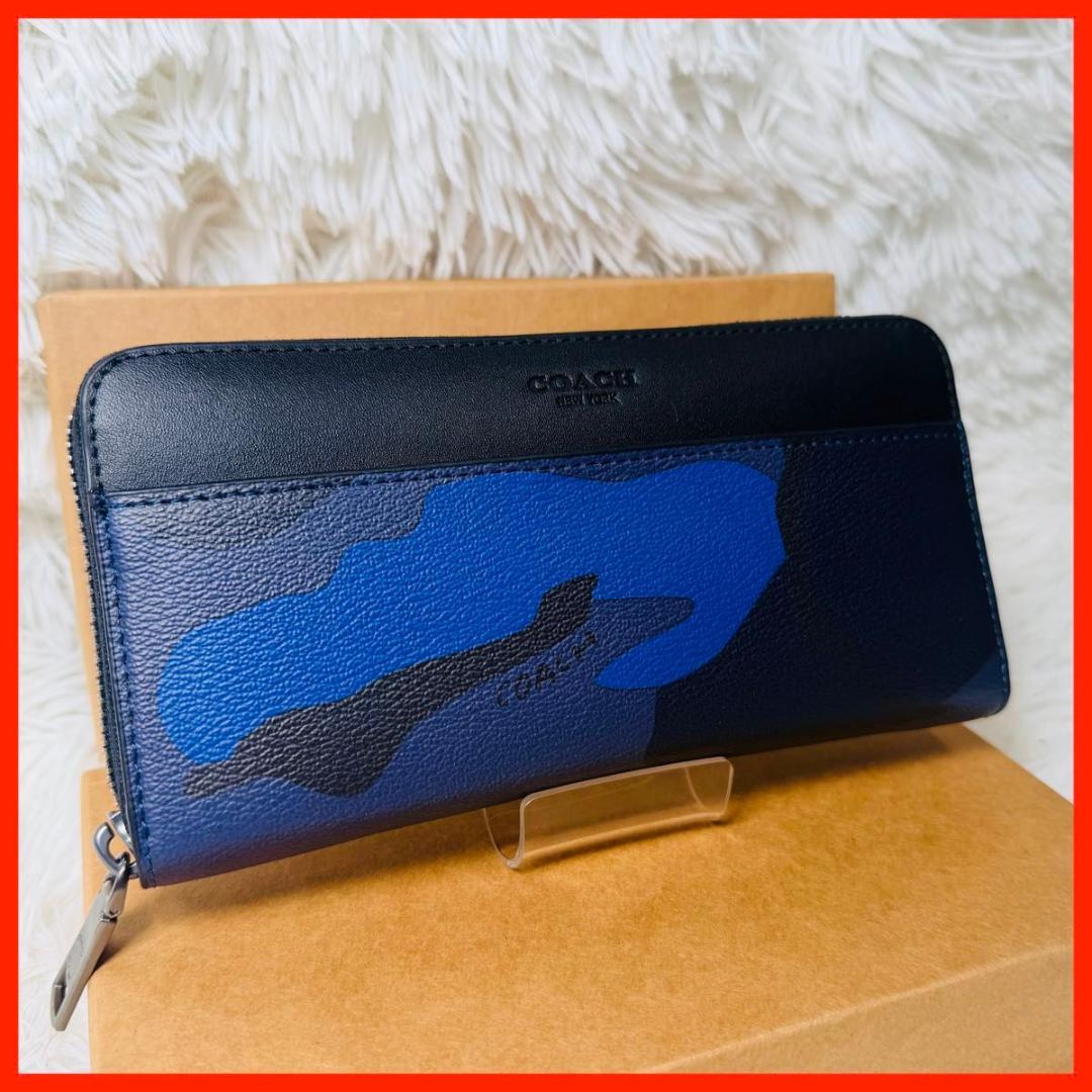 【新品未使用品】COACH メンズ　長財布　ブルー×カモフラ柄　迷彩柄 箱付き