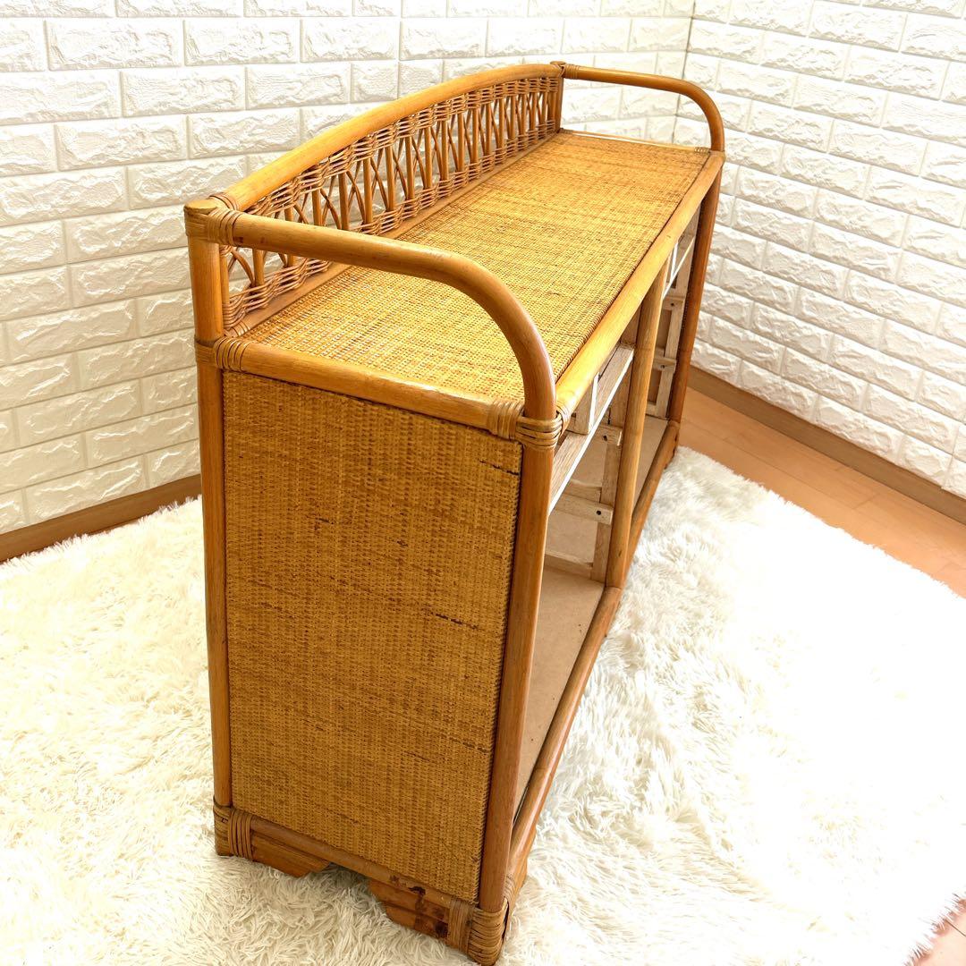 昭和レトロ　ラタンチェスト 4段10杯　籐 ワイド ローチェスト 棚 テレビ台