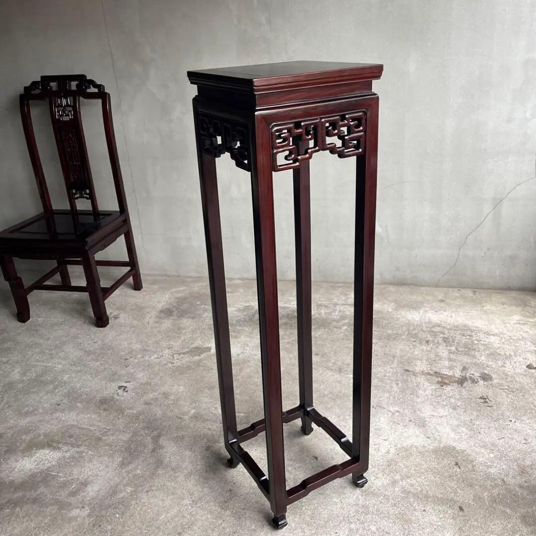 中国美術 古唐木造 透彫花台 如意巻足 正方高卓 盆栽台 香炉台 紫檀黄花梨