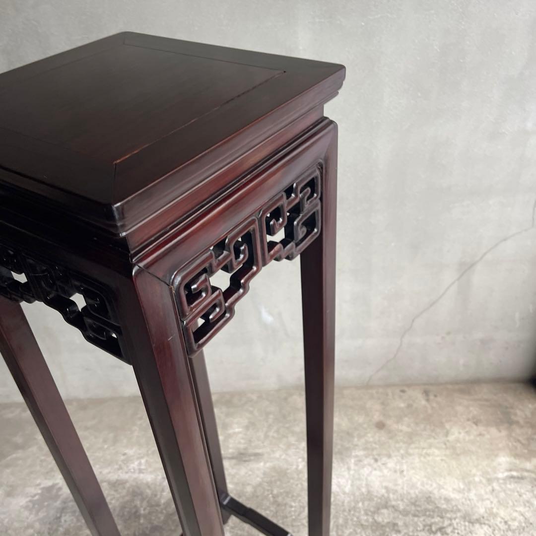 中国美術 古唐木造 透彫花台 如意巻足 正方高卓 盆栽台 香炉台 紫檀黄花梨