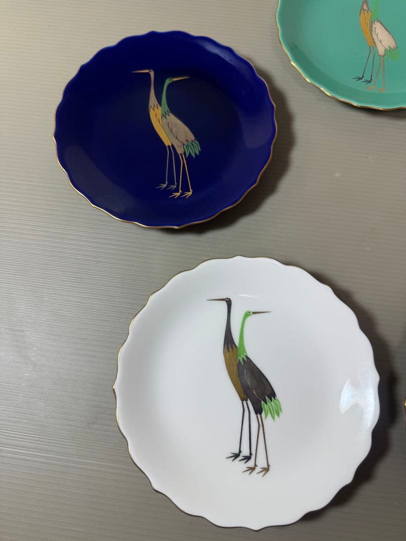 2877 希少　香蘭社 五色 金縁 金銀彩 鶴 双鶴図 小皿　5客　未使用