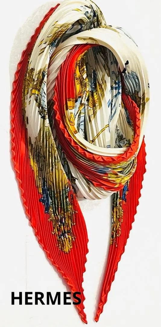 美品本物 HERMES エルメス プリーツスカーフ カレシルク100％