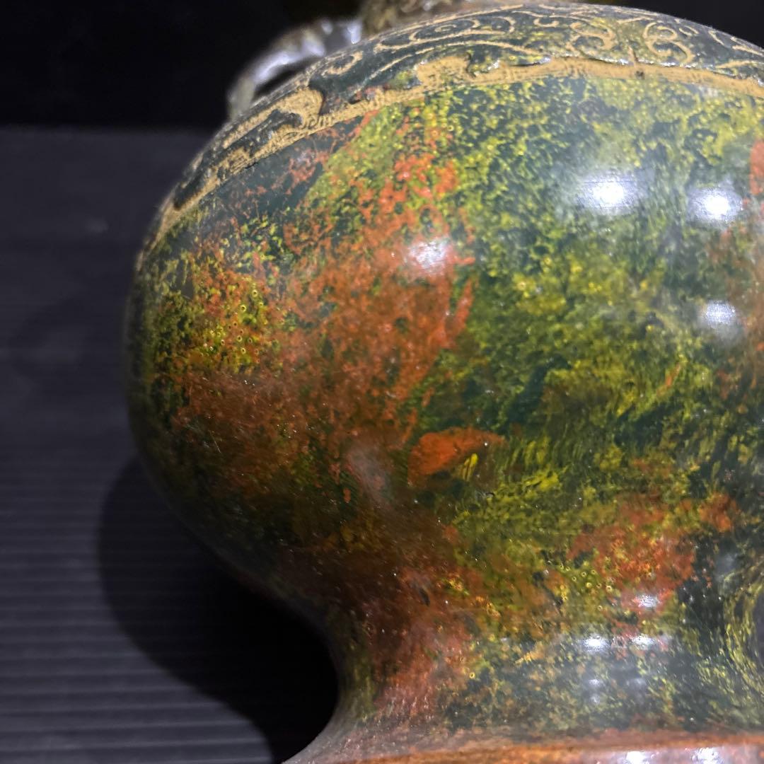 鋳銅 花瓶 双耳壺 銘入り 中国古典文様 青銅器風 古美術