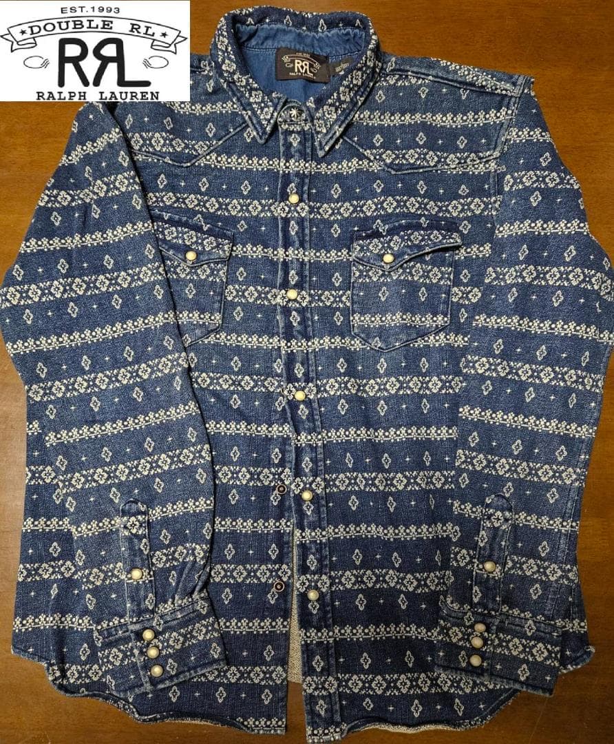 送料無料/超美品　RRL 幾何学模様 デニムウエスタンシャツ 長袖（L)
