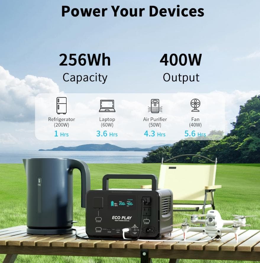 ポータブル電源 純正弦波 256Wh 400W リン酸鉄リチウムイオン MPPT