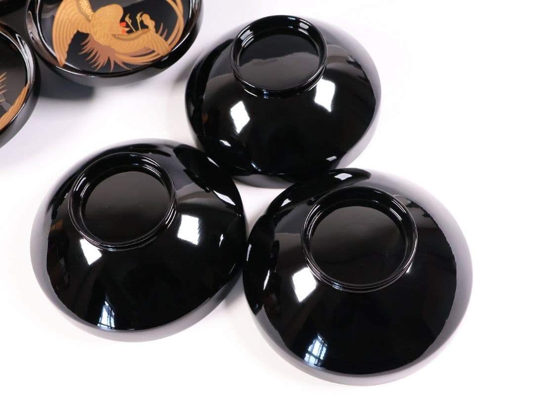 【CM401】天然木漆塗 菊桐鳳凰金蒔絵 黒塗 吸物椀 三客 昭和期 木製漆器