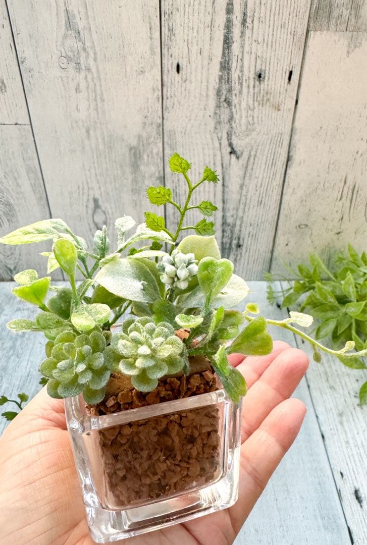 再販ガラスポットｂフェイクグリーン寄せ植え風アレンジ▫️フェイク多肉植物・観葉植物