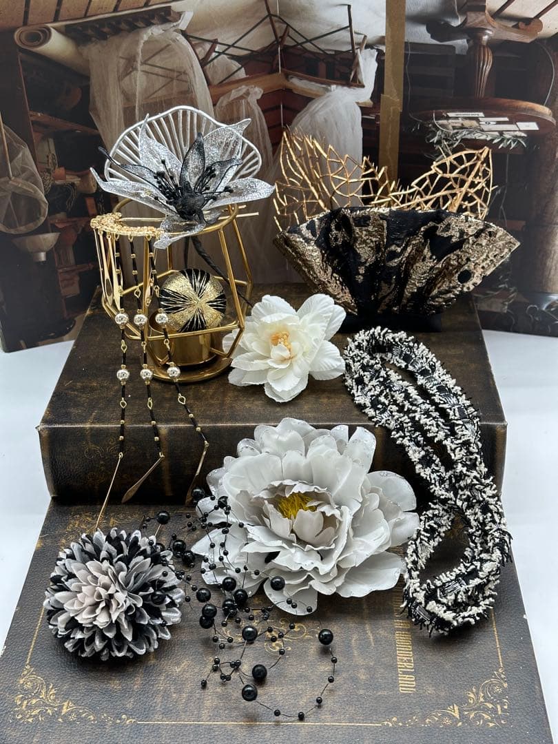 【豪華】　ディップアート　髪飾り　成人式卒業式 白　黒　ゴールド　グレー　牡丹