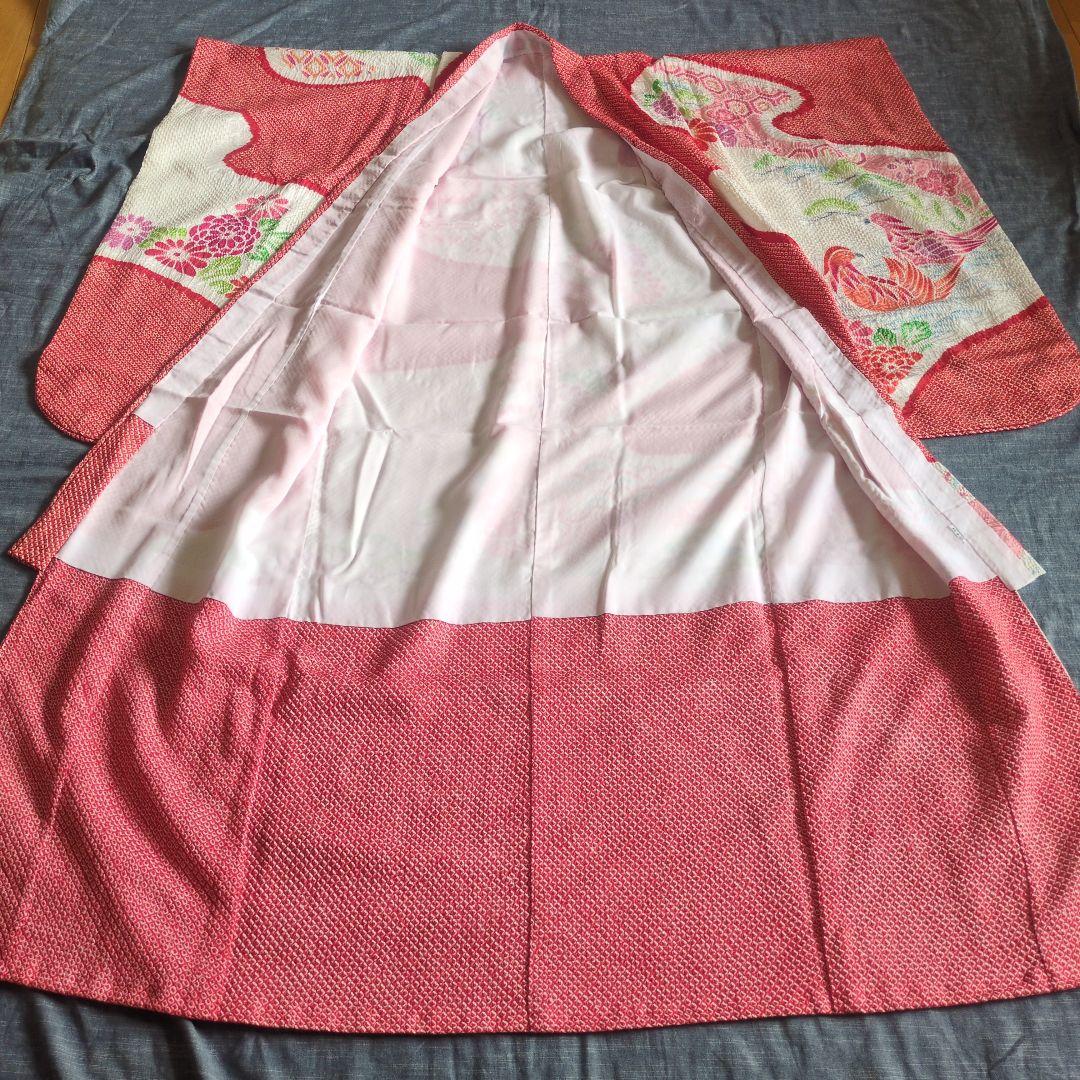 七五三　正絹　着物　鹿の子　総絞り　赤　白　７歳　フルセット