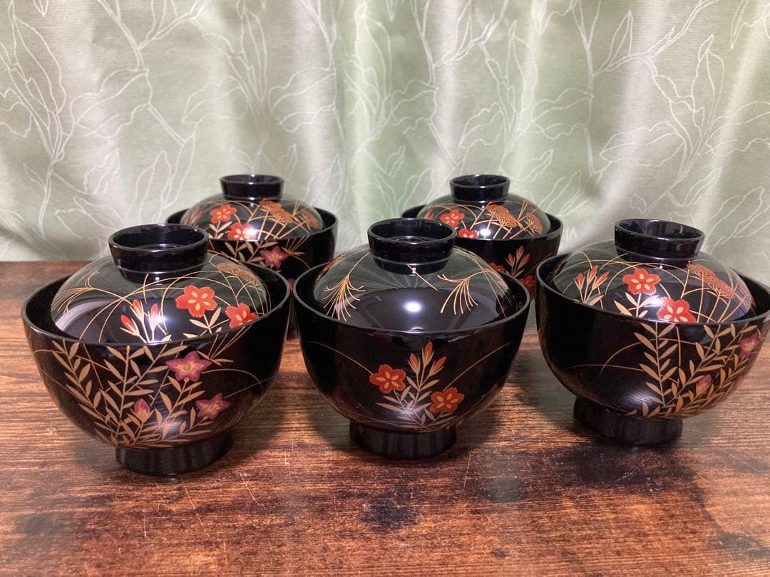 輪島塗椀 草花金蒔絵　黒塗御吸物椀 五客 木製漆器 漆芸懐石会席