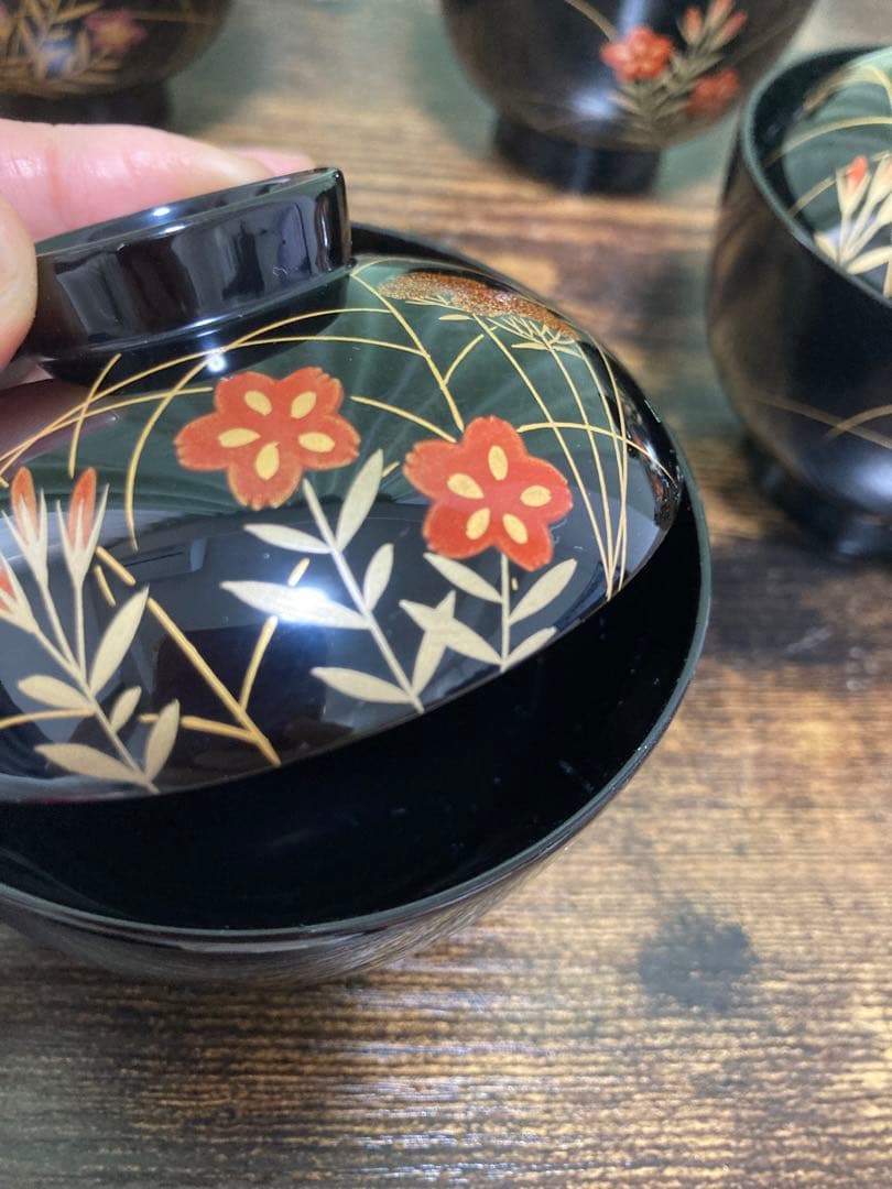 輪島塗椀 草花金蒔絵　黒塗御吸物椀 五客 木製漆器 漆芸懐石会席