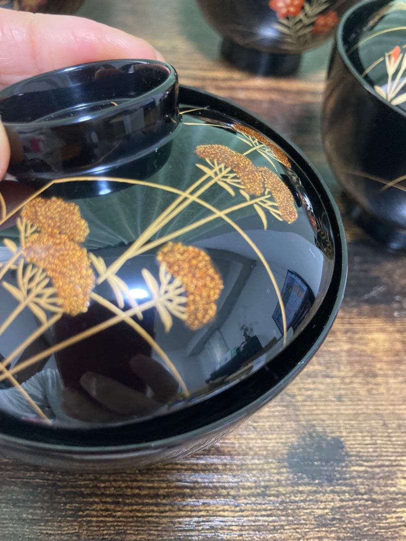 輪島塗椀 草花金蒔絵　黒塗御吸物椀 五客 木製漆器 漆芸懐石会席