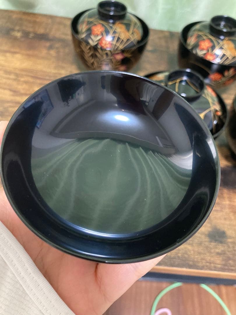 輪島塗椀 草花金蒔絵　黒塗御吸物椀 五客 木製漆器 漆芸懐石会席