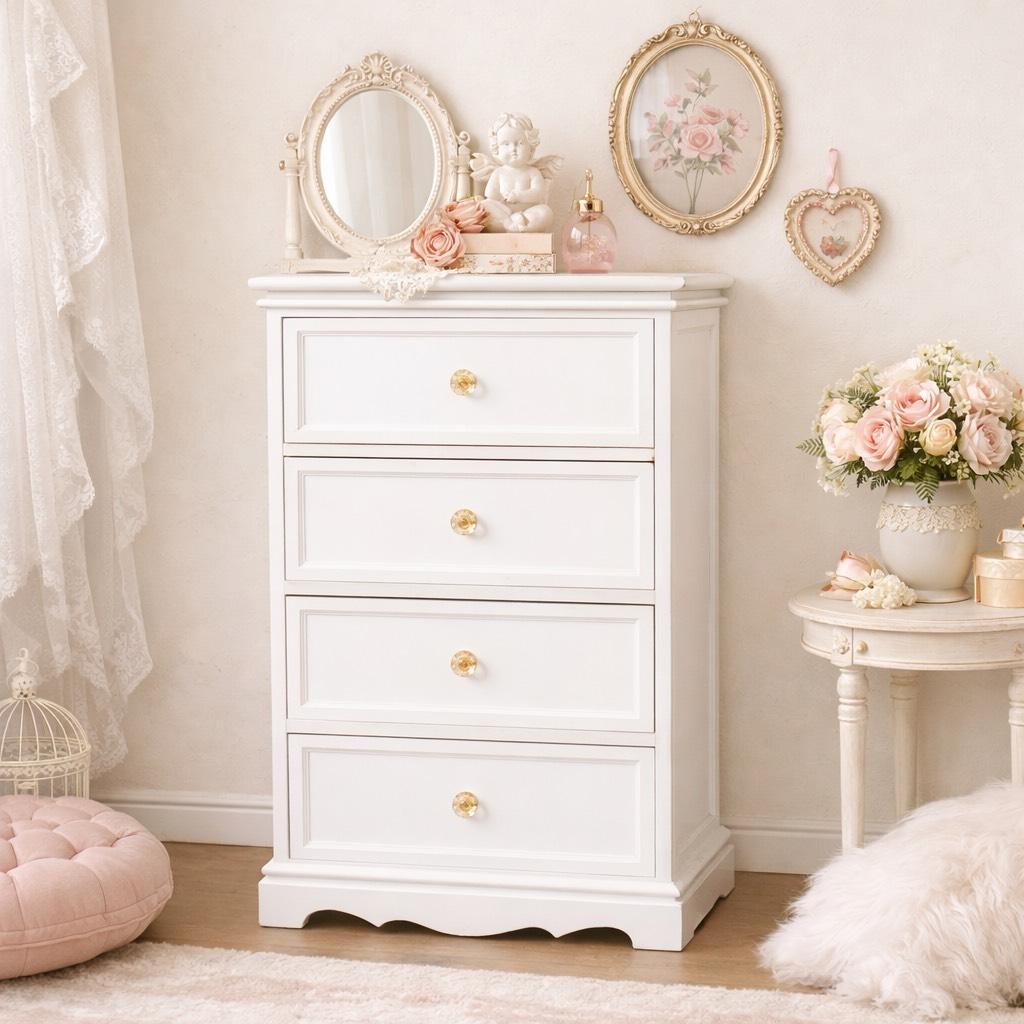 【新品】フレンチカントリー風　チェスト クリスタル調取っ手　ホワイト4段