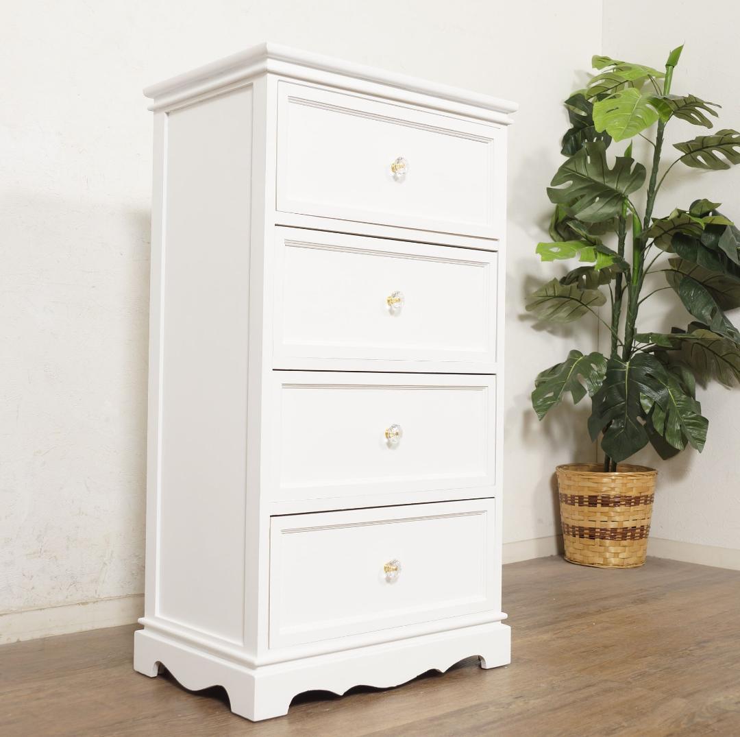 【新品】フレンチカントリー風　チェスト クリスタル調取っ手　ホワイト4段