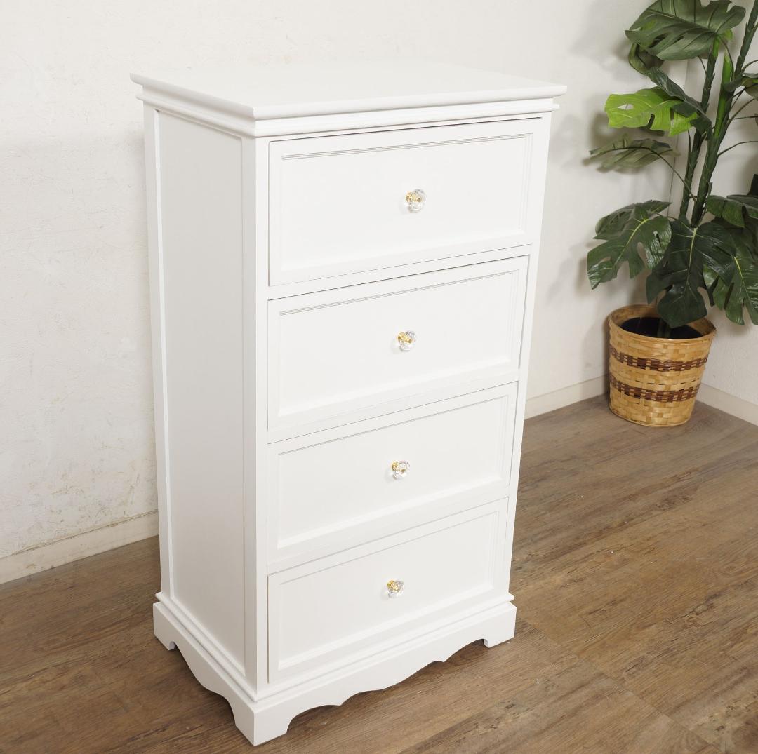 【新品】フレンチカントリー風　チェスト クリスタル調取っ手　ホワイト4段