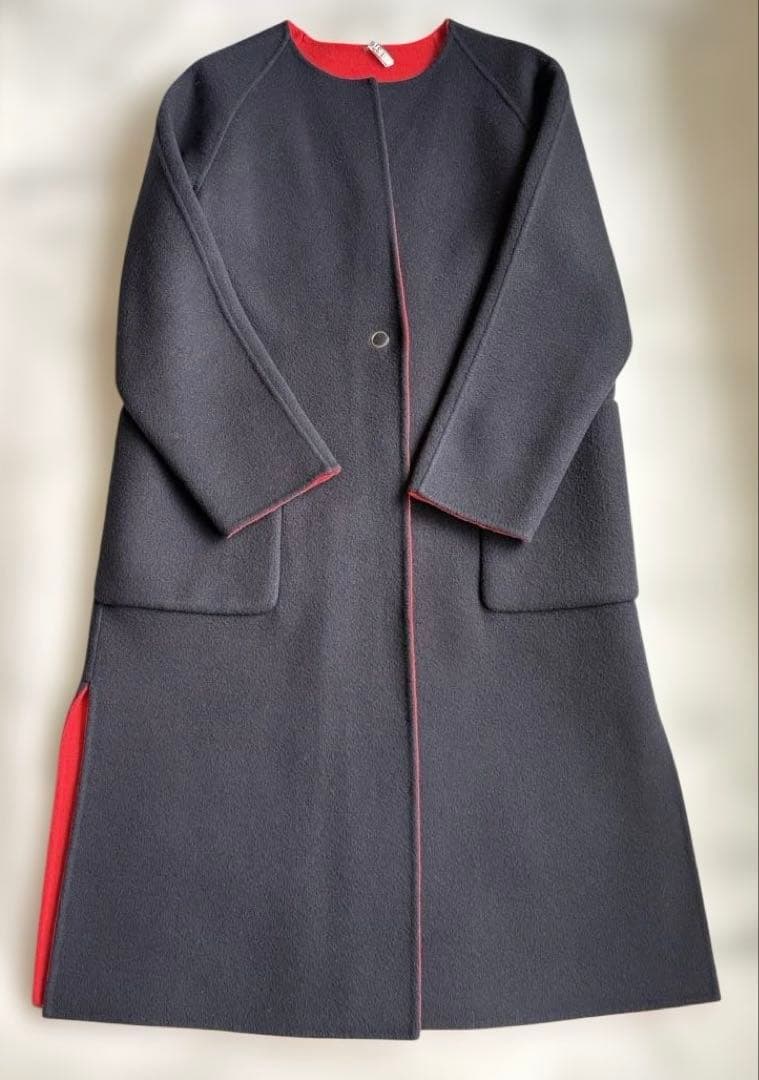 デミルクスBEAMSネイビー×レッド ウールリバーシブルロングコート 36
