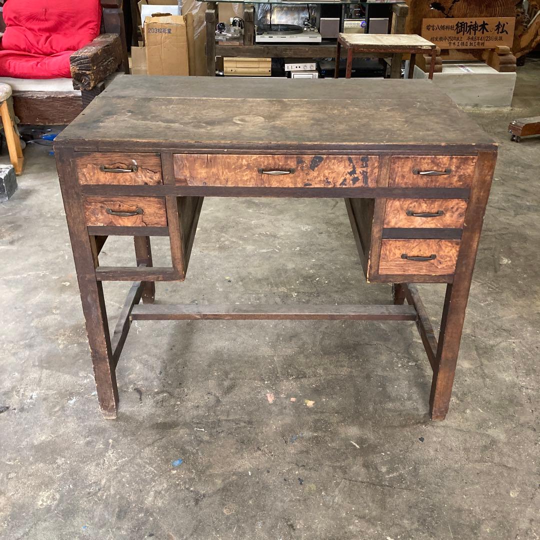 あ*ぃ様 ※引き出し1箇所無し 古い書斎机 瘤木 こぶ化粧 モダン アンティーク