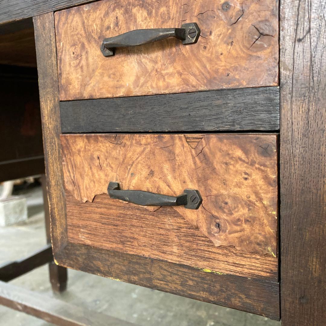 あ*ぃ様 ※引き出し1箇所無し 古い書斎机 瘤木 こぶ化粧 モダン アンティーク
