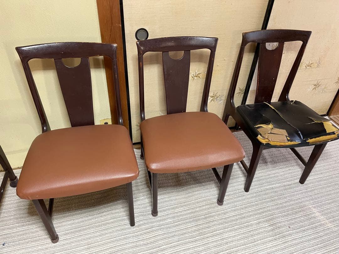 マルニ木工　昭和レトロ　ダークブラウン木製ダイニングテーブルと椅子　アンティーク