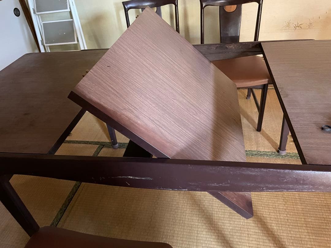 マルニ木工　昭和レトロ　ダークブラウン木製ダイニングテーブルと椅子　アンティーク
