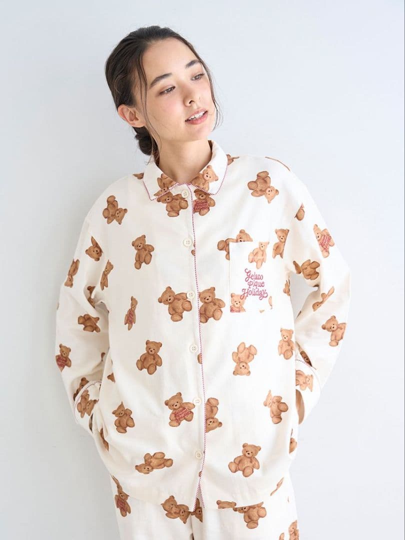 ジェラートピケ HOLIDAY ベア柄ネルシャツ ネルロングパンツセット