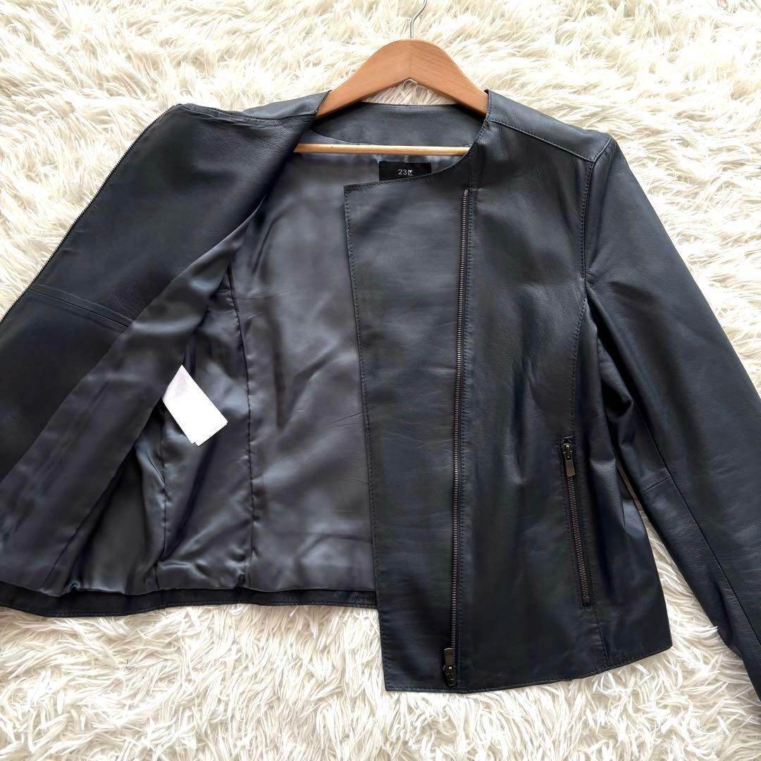 極美品23区ダブルライダースジャケットノーカラー羊革チャコール 大きいサイズ44